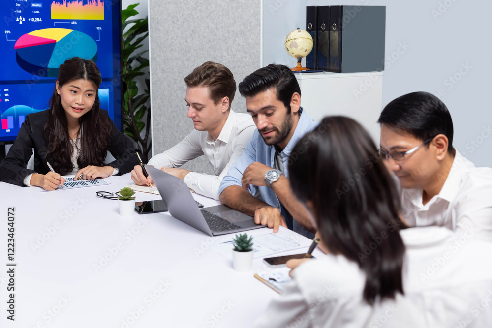 Fototapete analyst team utilizing bi fintech to analyze financial data at table in meeting room. businesspeople