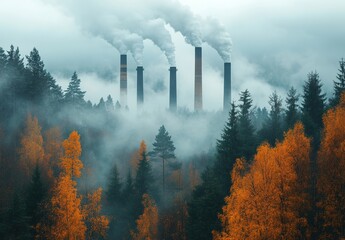A forest with smokestacks emitting air pollution in the background, symbolizing the environmental impact and global warming.
