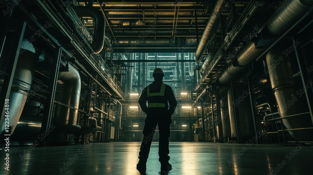 Poster industrial worker stands in large factory setting