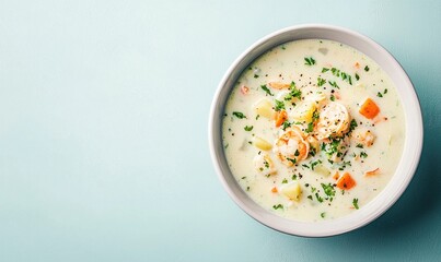 Creamy seafood chowder served in a white bowl against a serene sky blue backdrop for a delightful meal experience