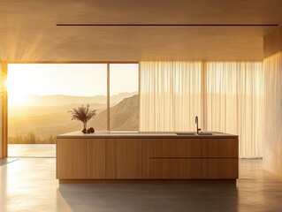 A kitchen with a wooden island and a sink. The island has a vase with flowers on it