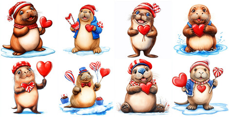 Cute Watercolor Walrus Valentine Clipart - Adorable walruses celebrate Valentine's Day with hearts, candy, and balloons.  Symbolizing love, sweetness, friendship, fun, and celebration.