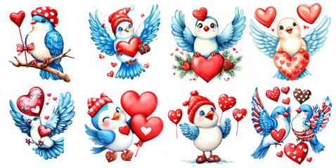 Cute Watercolor Valentines Birds Clipart - Adorable watercolor birds with hearts, symbolizing love, affection, Valentine's Day, romance, and cuteness.