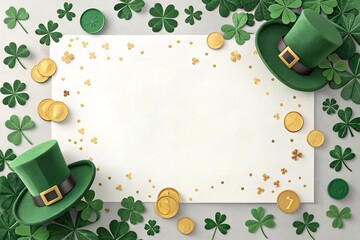Happy Saint Patrick's Day greeting card with traditional symbols, shamrock, green attire, copy space. St Patricks Day border of green shamrocks, leprechaun hats, gold coins and ribbon. Top view 