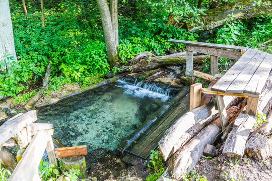 Pushchino waterfall on the ecological trail to the Pushchino waterfall  - a popular tourist attraction, outdoor recreation and a number of historical monuments near the city of Pushchino, Russia