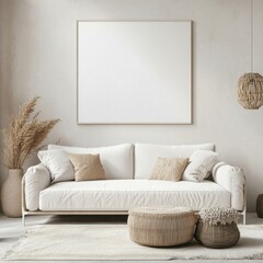 A white couch with pillows and a white framed picture on the wall. A vase with brown flowers sits on the floor