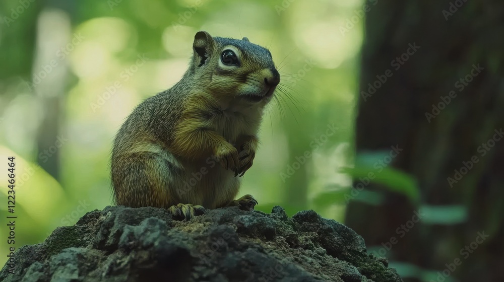 Poster curious squirrel on mossy rock in forest setting with soft green bokeh background