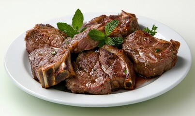 Roasted lamb served with fresh mint sauce on a white plate in an inviting Irish setting