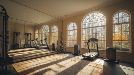 Obraz premium Sunlit Home Gym With Treadmills And Weight Equipment