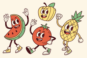 Colorful cartoon characters, anthropomorphic fruits and vegetables, retro style illustrations, expressive faces, waving hands, happy emotions, vibrant colors, simple designs, various shapes and sizes,