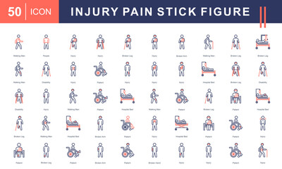 Stick figure icon set illustrating injury and pain, including broken limbs, hospital beds, patients, and disabilities. Ideal for medical, healthcare, and rehabilitation projects.