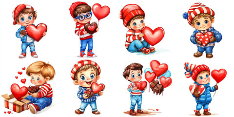 Cute Watercolor Boys with Valentine Hearts and Chocolates - Adorable watercolor illustration of boys celebrating Valentine's Day with hearts, chocolates, and a touch of fun. Symbolizing love, friendsh