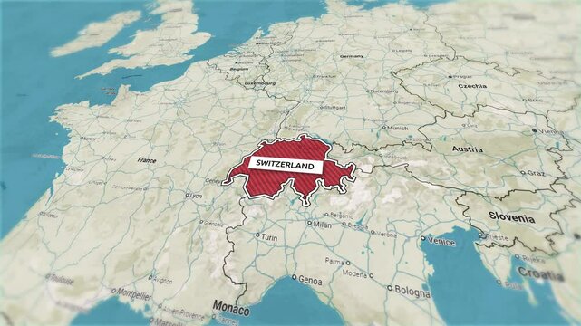 Borders of the state of Switzerland on the map. Country Switzerland on the map is highlighted by a polygonal border. From above zooming in with panoramic view
