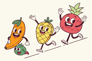 Colorful cartoon characters, anthropomorphic fruits and vegetables, retro style illustrations, expressive faces, waving hands, happy emotions, vibrant colors, simple designs, various shapes and sizes,
