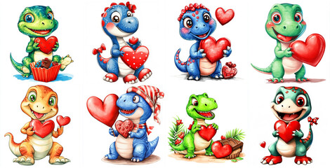 Fototapeta premium Cute Watercolor Dinosaurs with Valentine Hearts - Adorable dinosaur clipart, perfect for Valentine's Day. Symbolizing love, friendship, sweetness, playfulness, and childhood innocence.