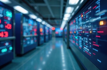 Blurred futuristic data center with glowing digital screens displaying information, representing technology, innovation, and advanced computing systems