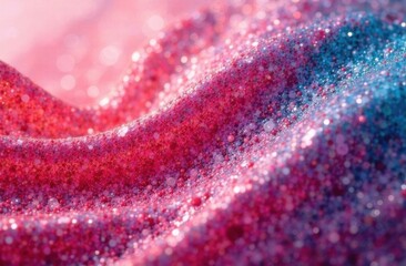 Fototapeta premium Close-up of sparkling pink and blue glitter forming soft waves, creating a vibrant and dreamy abstract texture