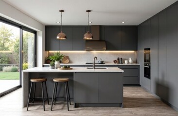 Modern gray kitchen with sleek cabinets, a central island, pendant lights, and large sliding doors opening to a garden view, combining functionality and contemporary design