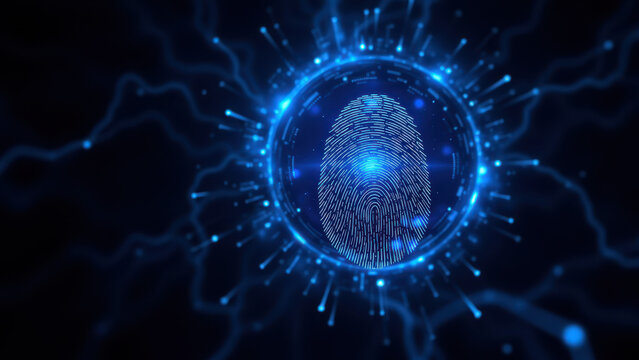 Futuristic fingerprint security with digital energy patterns.