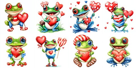 Obraz premium Cute Watercolor Frogs with Valentine Hearts - Adorable frog clipart, Valentine's Day themed, showcasing love, friendship, and sweetness. Perfect for cards and gifts.