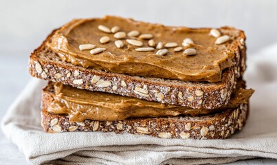 Delightful multigrain toast topped with creamy almond butter and sprinkled with sunflower seeds for a healthy snack