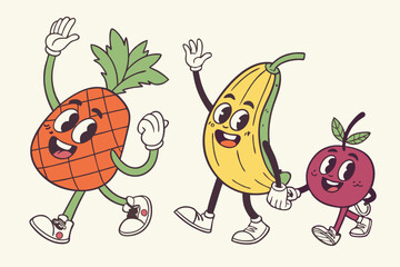 Colorful cartoon characters, anthropomorphic fruits and vegetables, retro style illustrations, expressive faces, waving hands, happy emotions, vibrant colors, simple designs, various shapes and sizes,