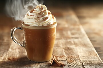 A steaming pumpkin spice latte with whipped cream and cinnamon sprinkled on top, placed on a rustic wooden table.