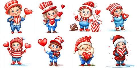 Cute Watercolor Munchkins with Valentine Hearts and Chocolate - Adorable watercolor munchkins celebrate Valentine's Day with hearts, chocolates, and festive attire.  Sweet, charming, love, childhood, 