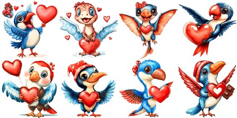 Obraz premium Cute Watercolor Pteranodon Valentine Clipart - Adorable cartoon pteranodons and birds celebrate Valentine's Day with hearts and chocolate. Symbolizing love, friendship, cuteness, celebration, and joy