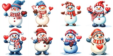 Cute Watercolor Snowmen with Valentine Hearts and Chocolates - Adorable snowmen, hearts, chocolates, winter fun, Valentine's Day.  Sweet and charming clipart perfect for cards or gifts.