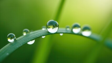 Macro photography of dewdrops on a curved grass blade in the morning light	