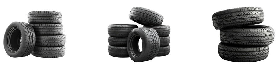 Stack of car tires isolated on transparent background, PNG, Set of