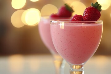Creamy pink smoothie topped with ripe strawberries in a glass