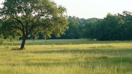 Lone Tree Stands Tall in Summer Grassland Field
