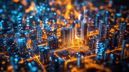 Futuristic Cityscape Illuminated At Night With Bright Lights