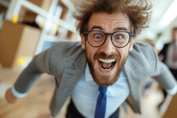 Obraz premium Real estate agents in a hectic office environment rush to secure deals during a busy market period, a madman, a person who has gone mad