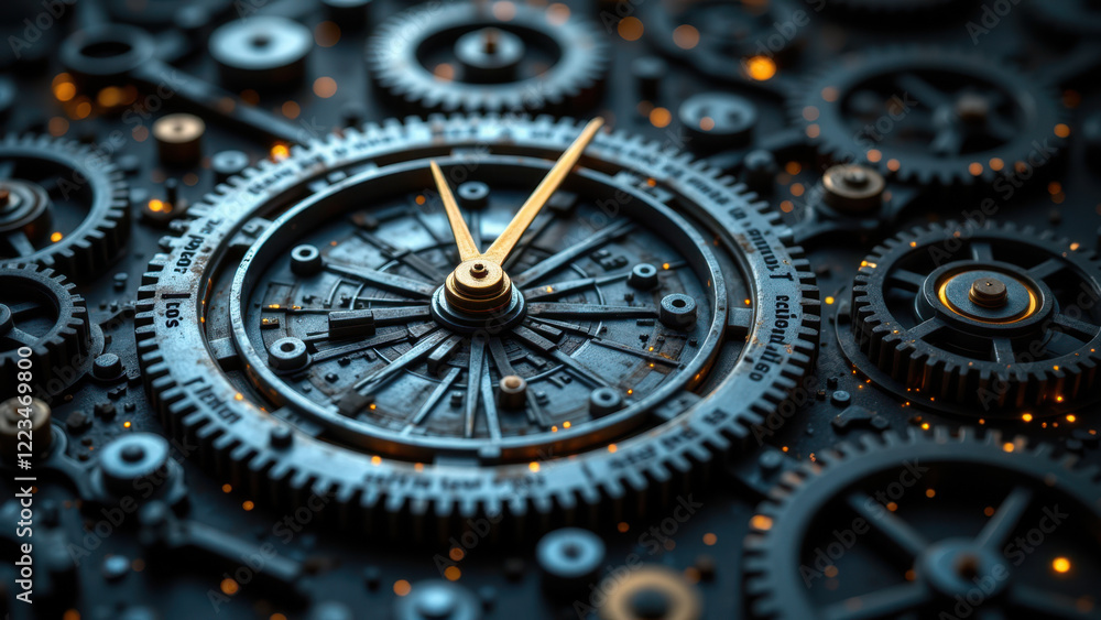 Poster a close-up view of a sophisticated clock with intricate gearing mechanisms set against a backdrop of