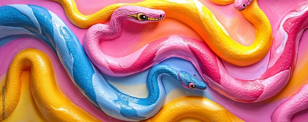 Poster three colorful snakes creating a visually appealing composition on a vibrant background, ideal for p