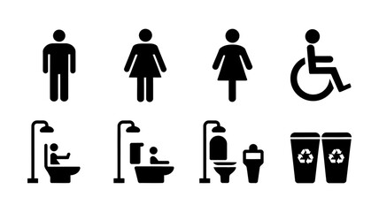 Restroom and Hygiene-Related Icons Set Featuring Men, Women, Handicap, and Facilities