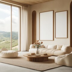 A living room with a white couch and a coffee table. The coffee table has a vase of flowers on it