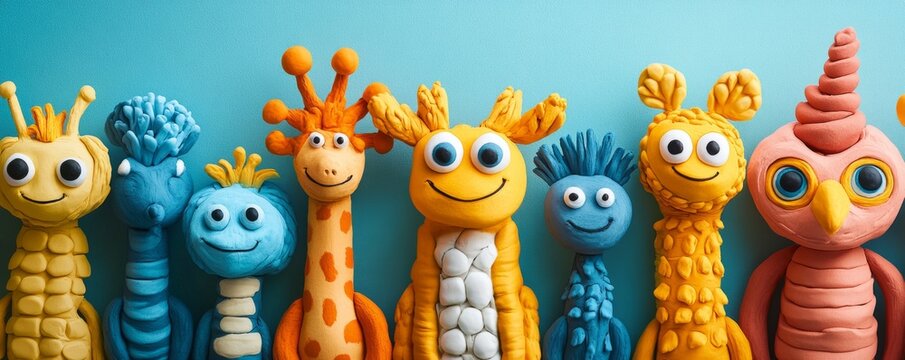Vibrant clay animals lined up against a blue background