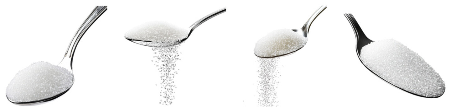 Spoonful of granulated sugar isolated on transparent background, PNG, Set of