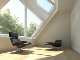 Two black chairs are in a room with a large window. The room is very clean and has a lot of natural light