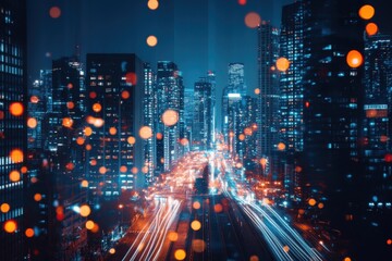 Fototapeta premium City skyline at night with glowing lights and vibrant city energy