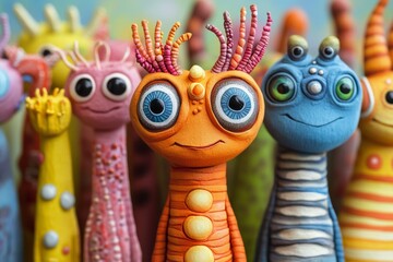 Fototapeta premium Brightly colored clay figures with large eyes showcasing artistic creativity