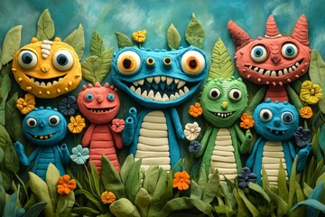 Vibrant clay monsters with big eyes and wide smiles in a lush environment
