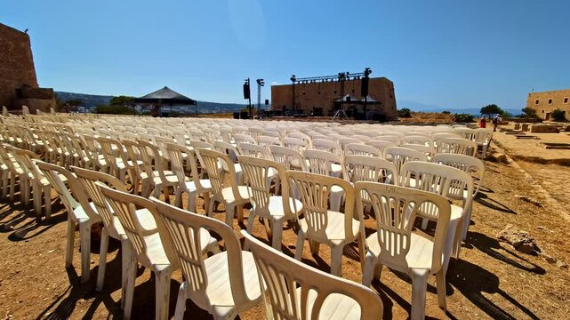 Push in shot of chairs and a stage at Venetian Fortezza Castle in Rethymno, Crete, Greece