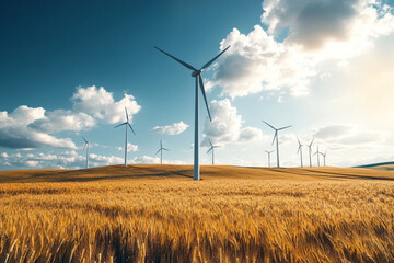 Wind turbines generating energy in a vast wheat field under a blue sky