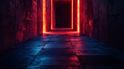 Obraz premium A dark hallway with red lights on the floor