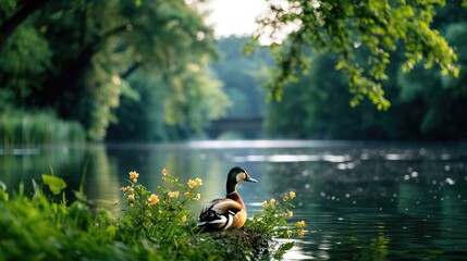 Duck resting by river, tranquil forest background; nature peace